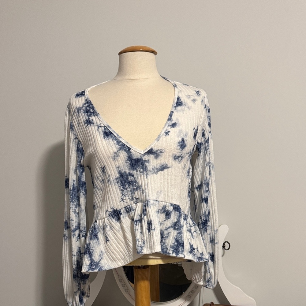 Altar'd State White and Blue Tie-Dye Peplum Blouse